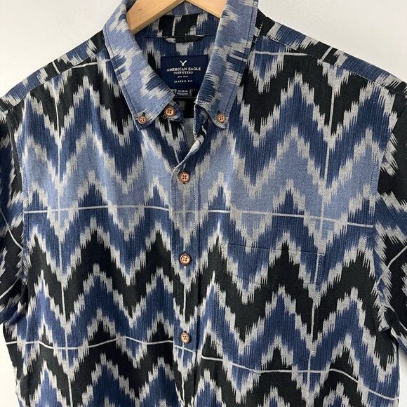 AEO Classic Fit Blue Pattern S/S Cotton Button Down M - Picture 2 of 7